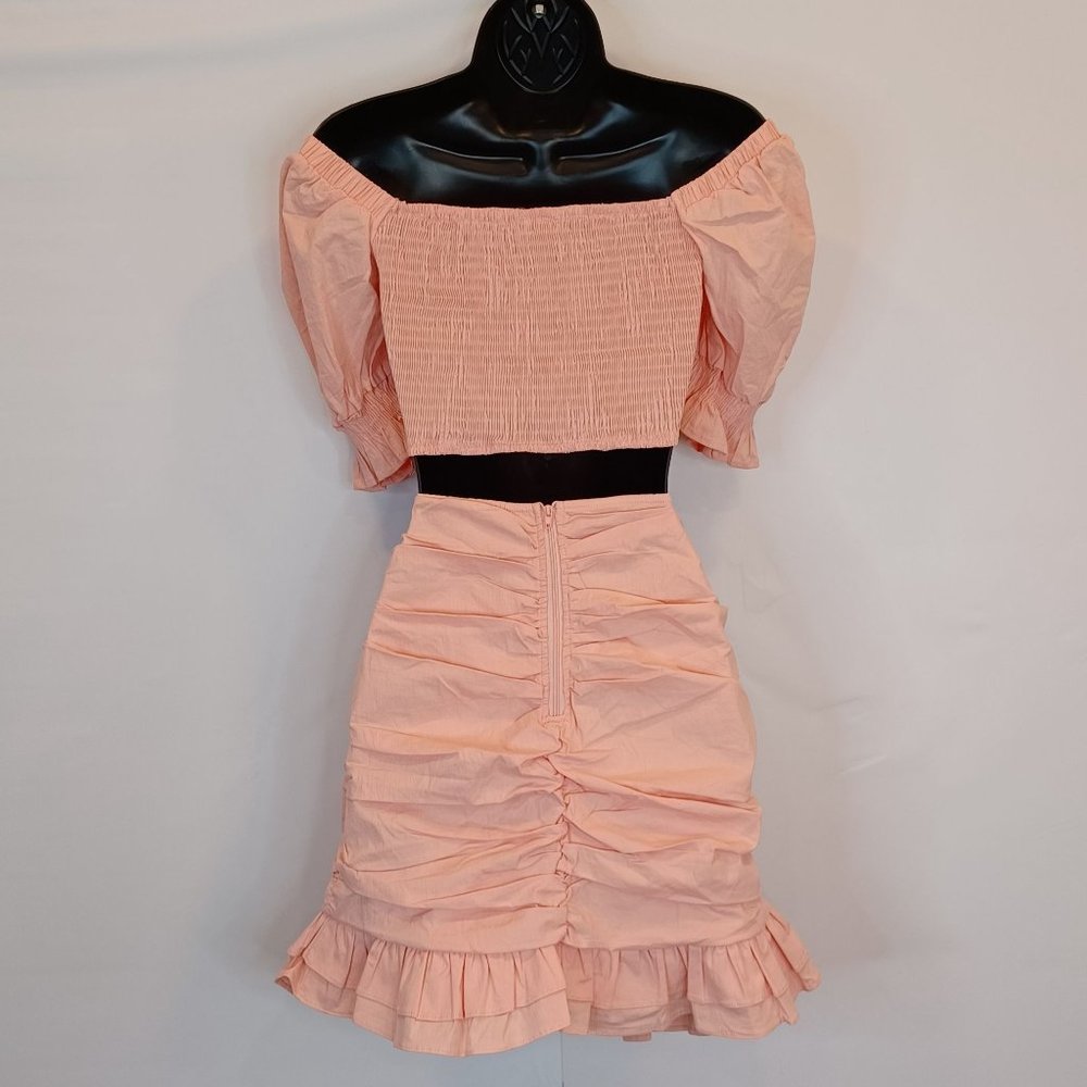 Privy WMN'S Sz L Ruched Smock 2 Piece Skirt Set Crop Puff Sleeve Ruffle Stretch - Picture 9 of 12